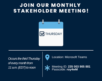 Dark blue Stakeholder Meeting Info infograhic with lght blue and white calendar check marked for Thursday.
