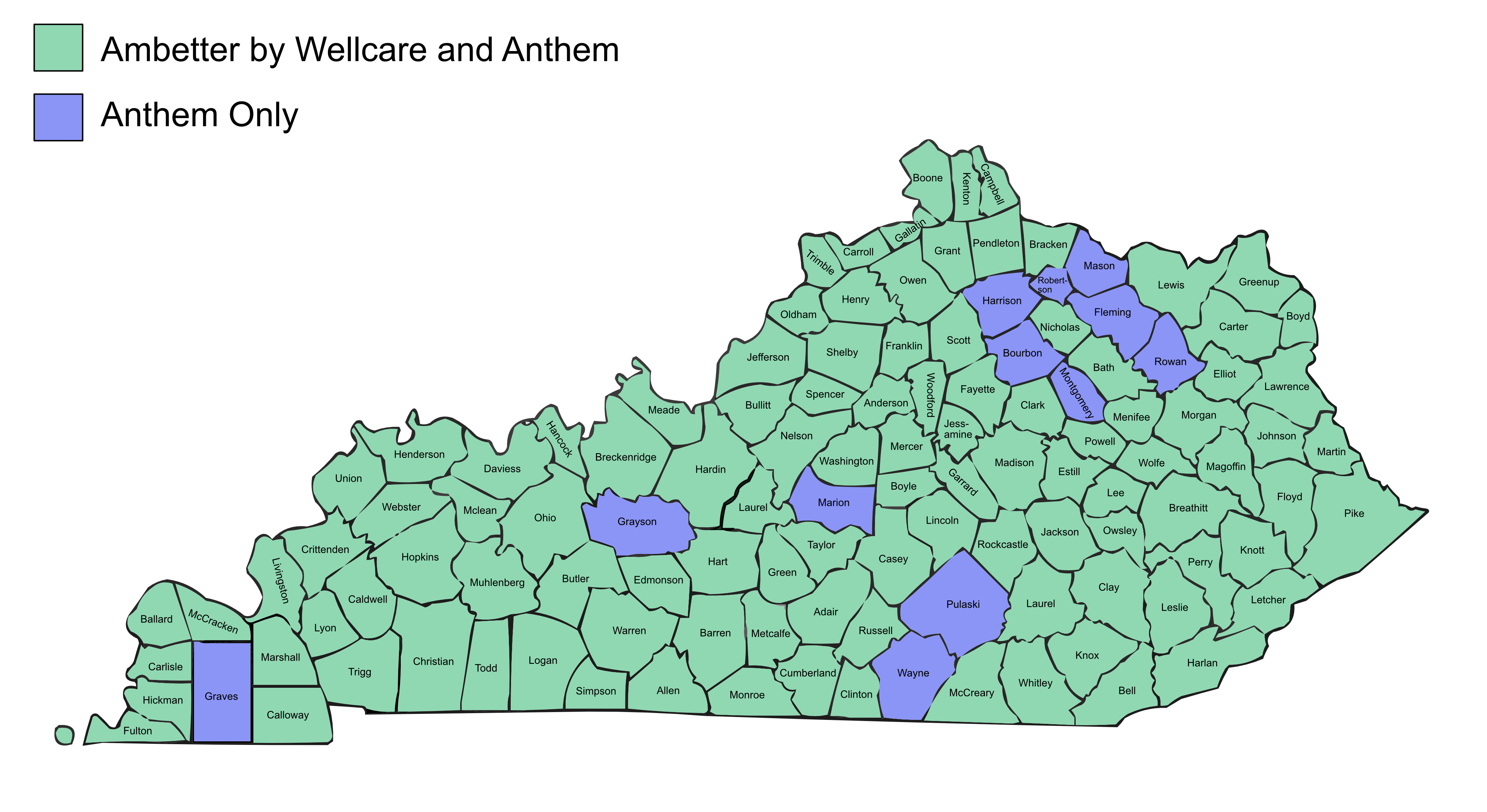 Picture of a service map of kentucky with issuers for plan year 2027