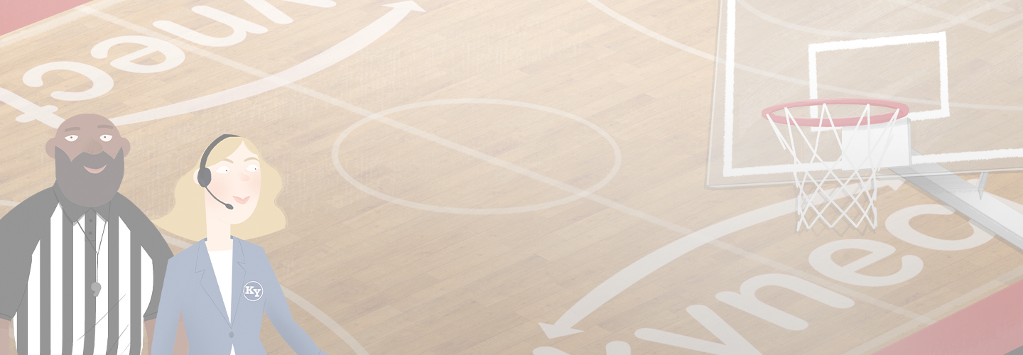 picture of a basketball court with an announcer and referee