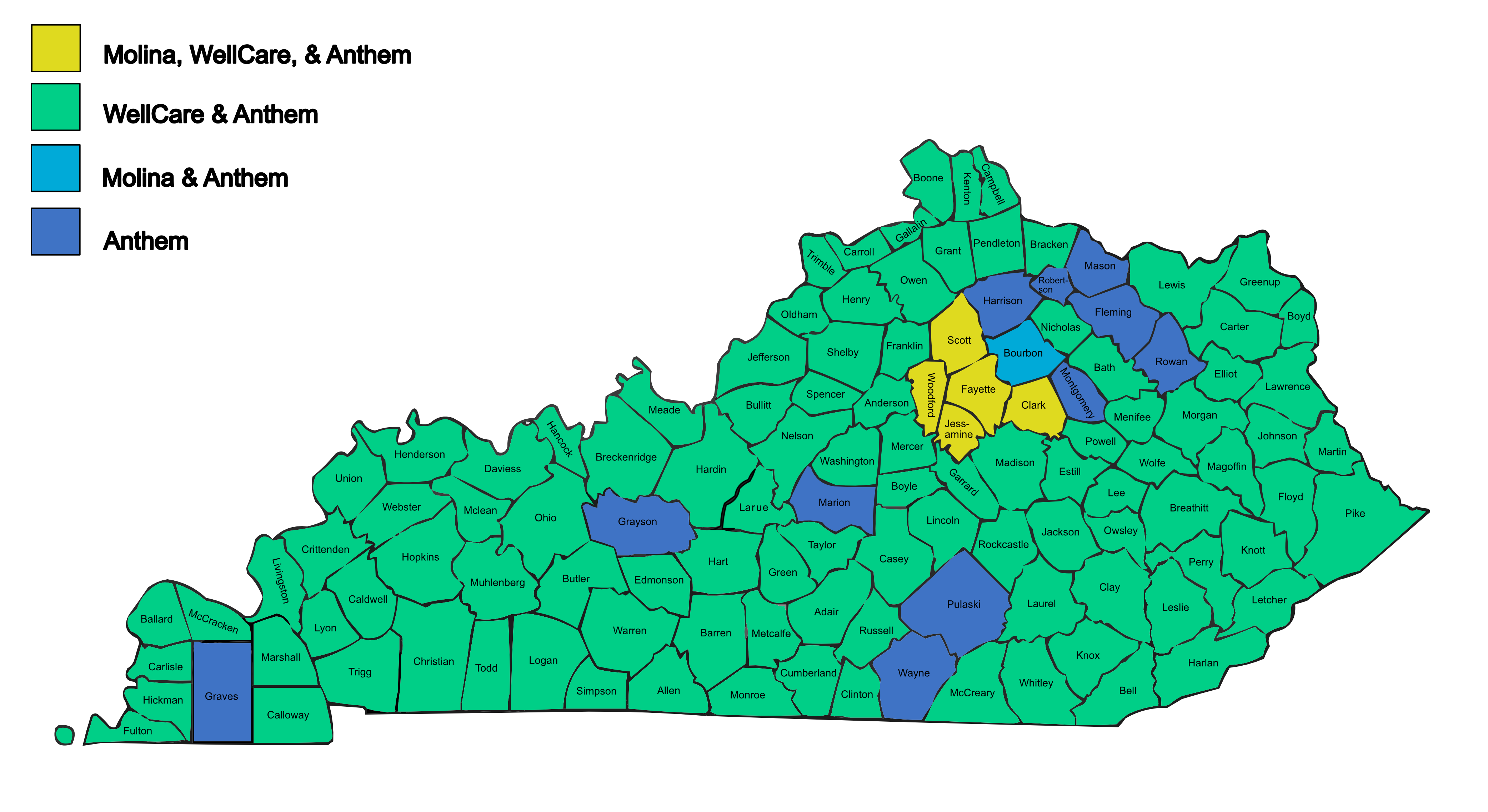 Picture of a service map of kentucky with issuers for plan year 2026