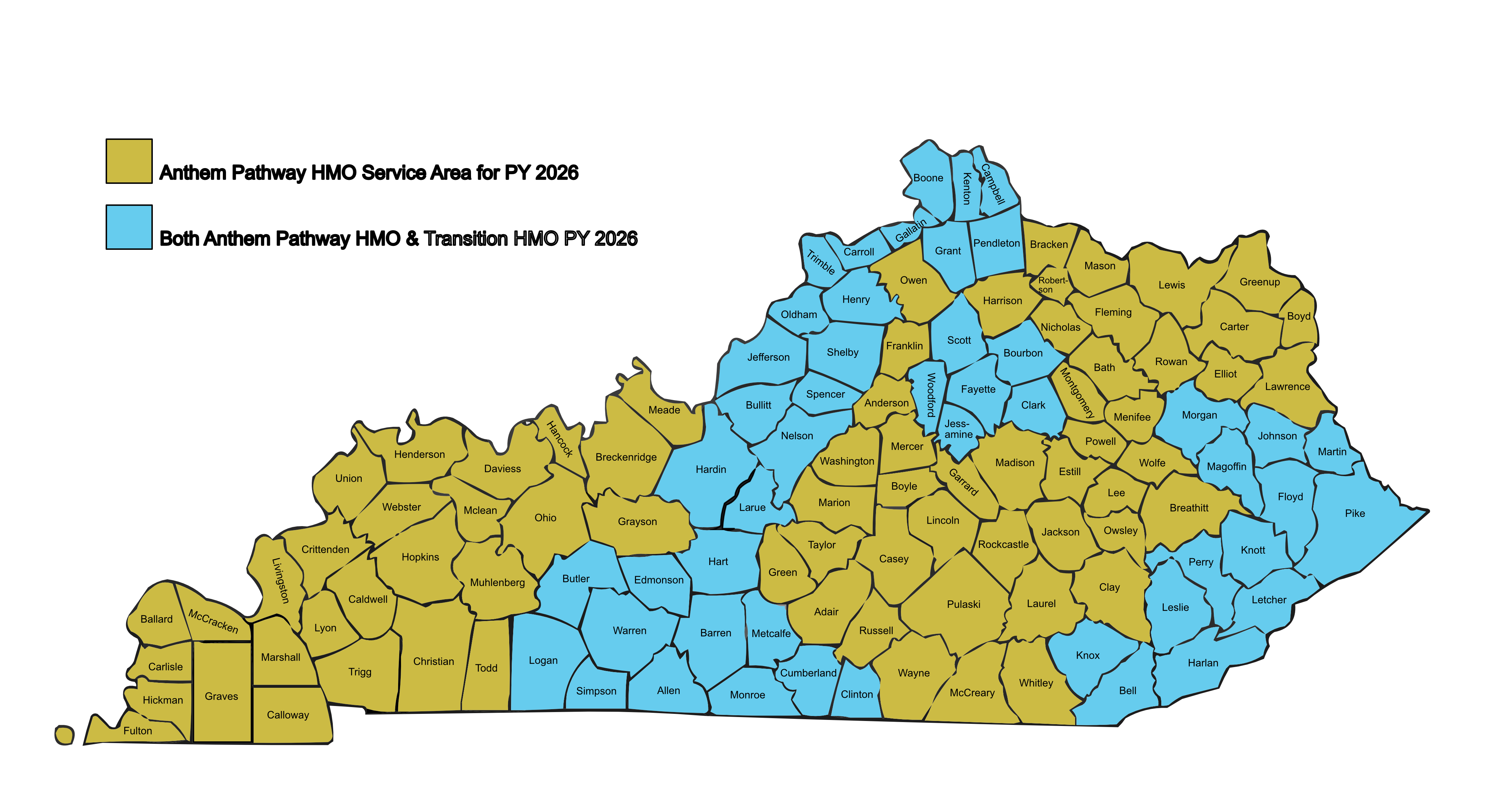Pciture of 2026 Service map of kentucky for Anthem pathway and Anthem HMO.