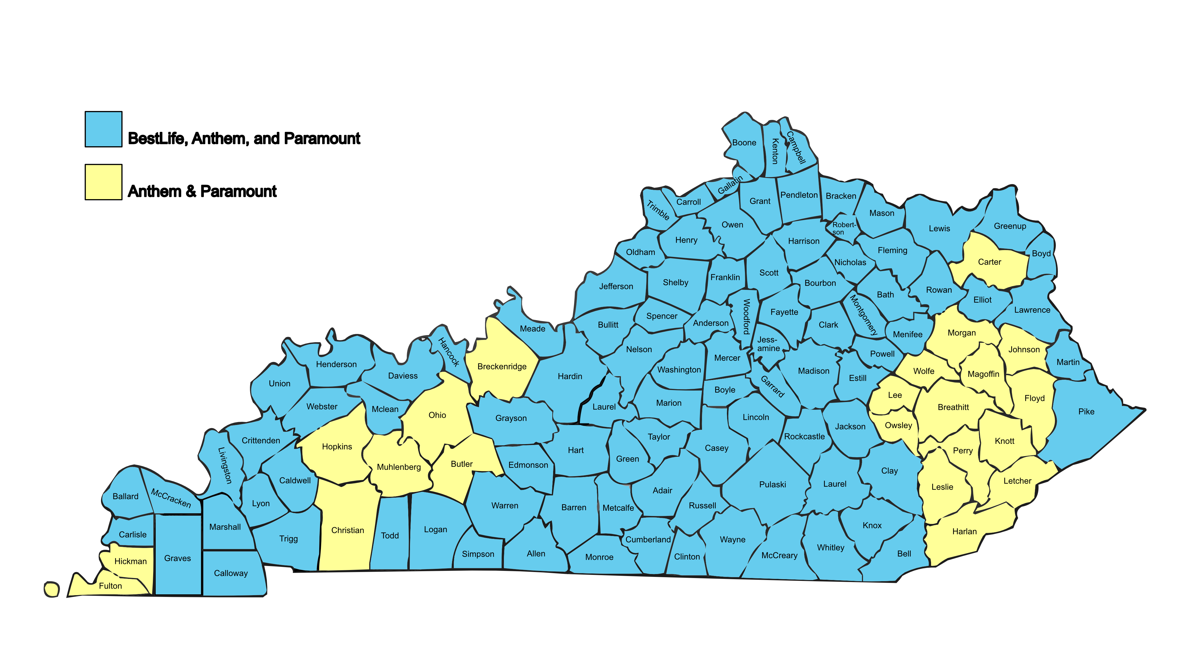2025 Plan Year Map of Kentucky counties,Dental Marketplace Service Areas. BestLife & Anthem (Blue Areas):Adair, Allen, Anderson,