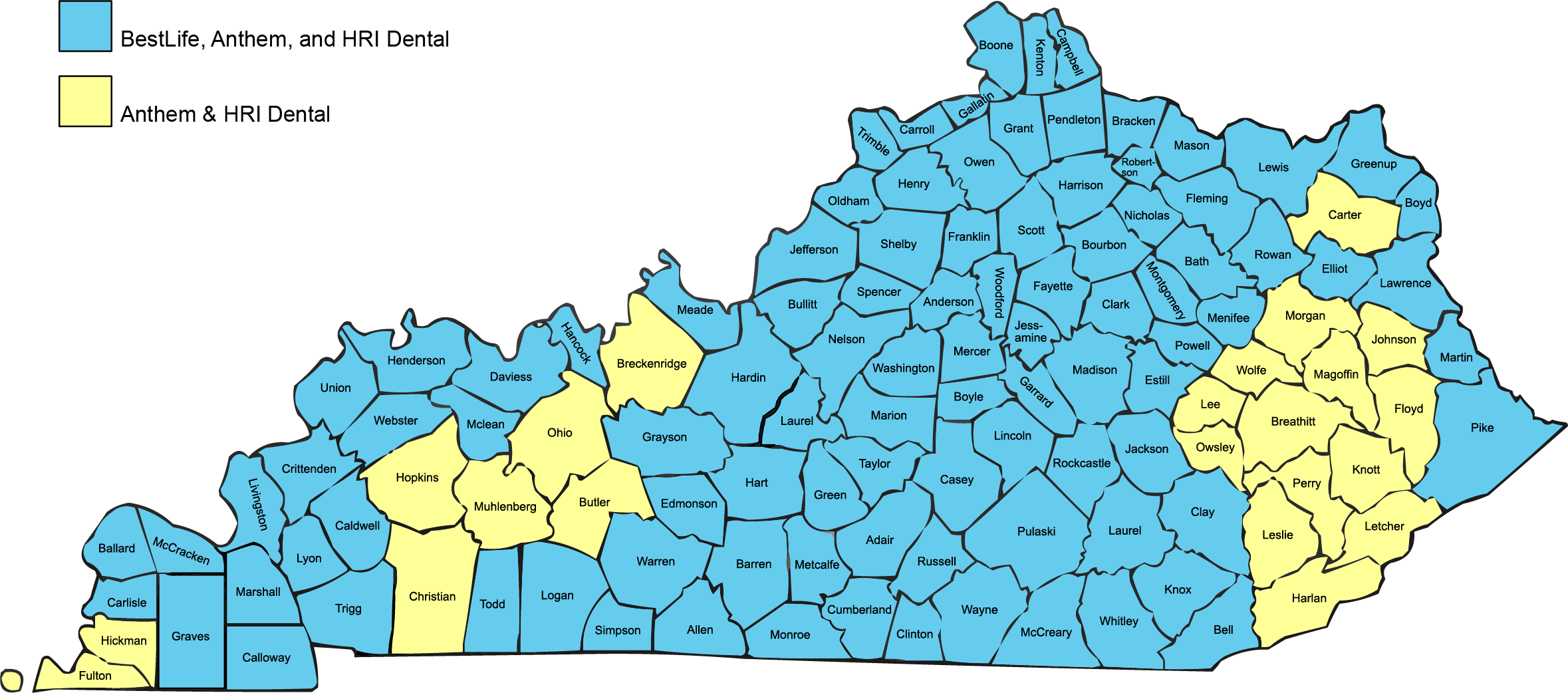 Picture of 2026 Plan Year service map of dental plans. Bestlife, anthem, and paramount.